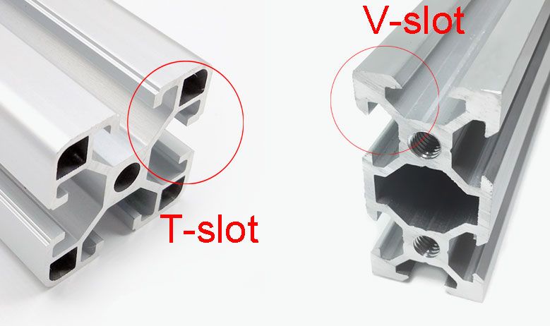 Diferenças entre os tipos de perfil de alumínio t-slot e v-slot.